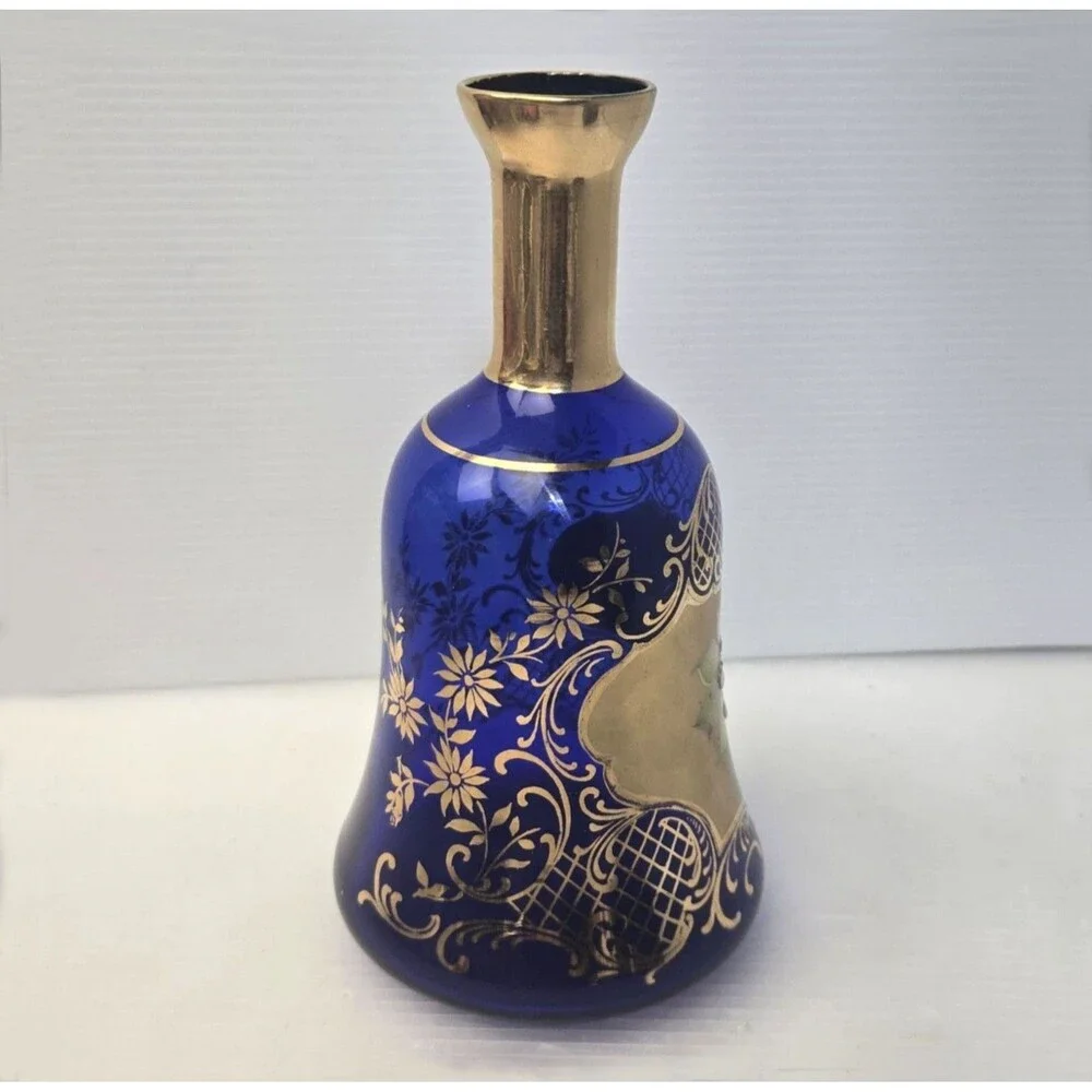Vintage Bohemian Cobalt Blue Glass Vase Gold Gilt Raised Enamel Flowers Moser
